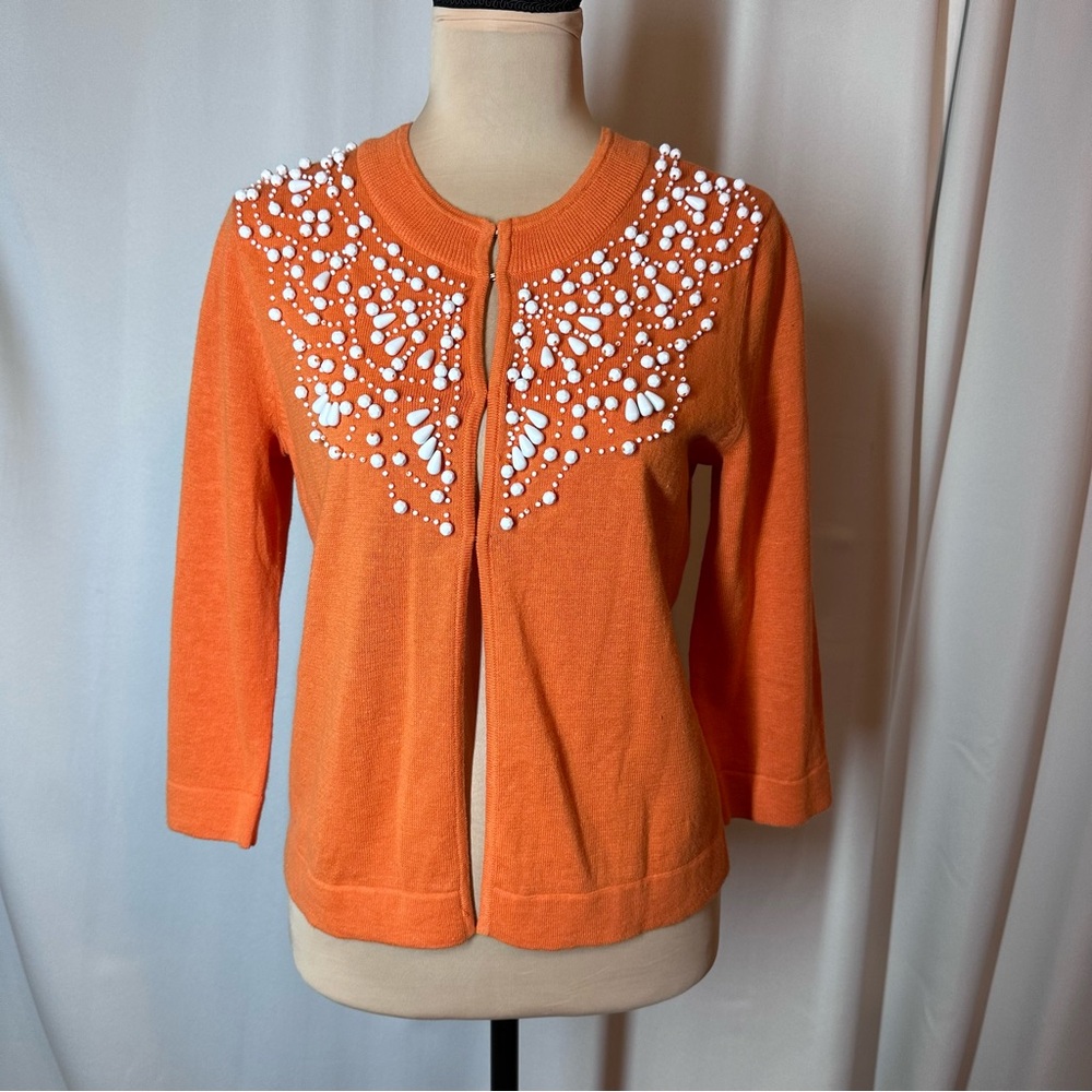 Chadwick’s Collection Orange Beaded Cardigan Cardigan Sz S Sweater 3/4 Slv NWOT